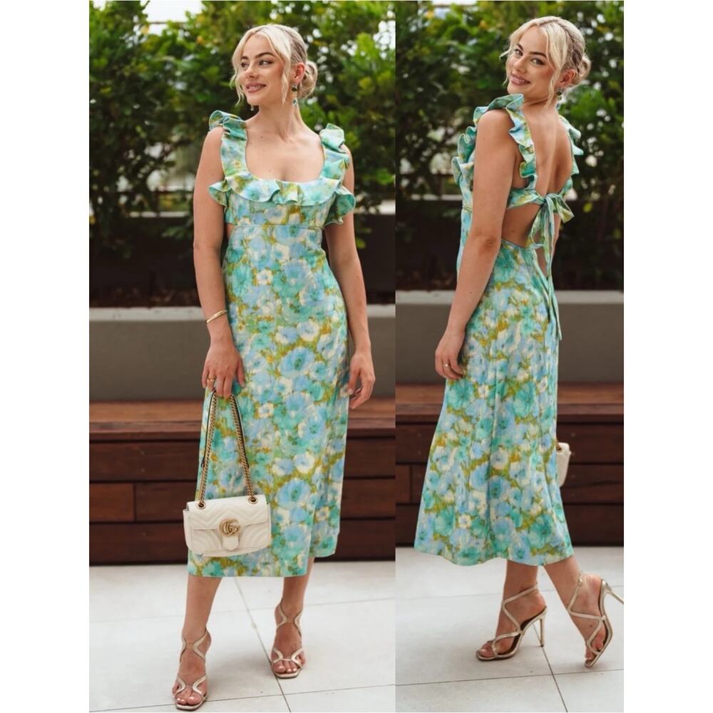 Zimmerman High Tide Floral Ruffle Back Cutout Green Blue Midi Dress Size 10